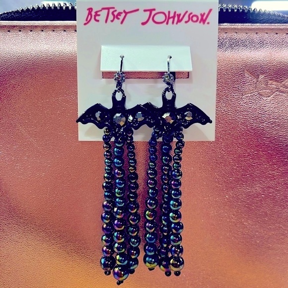 Brand New Betsey Johnson Halloween Bats Rainbow Oil Slick Beads Drop Earrings - Picture 16 of 16